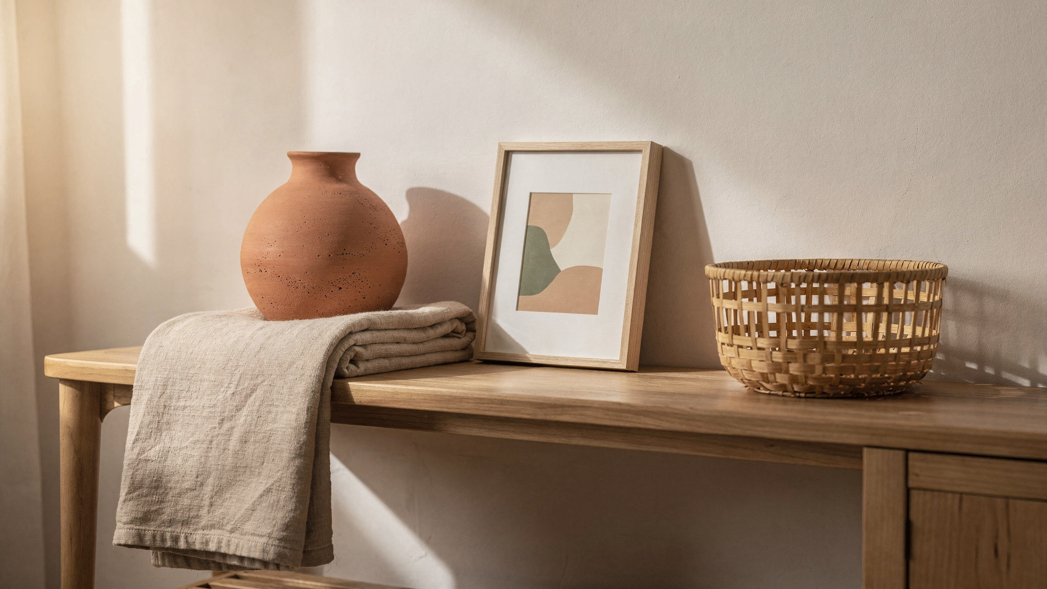 Ambiance chaleureuse de salon avec objets décoratifs nouvellement arrivés — vase en terre cuite, plaid en lin, cadre et panier tressé
