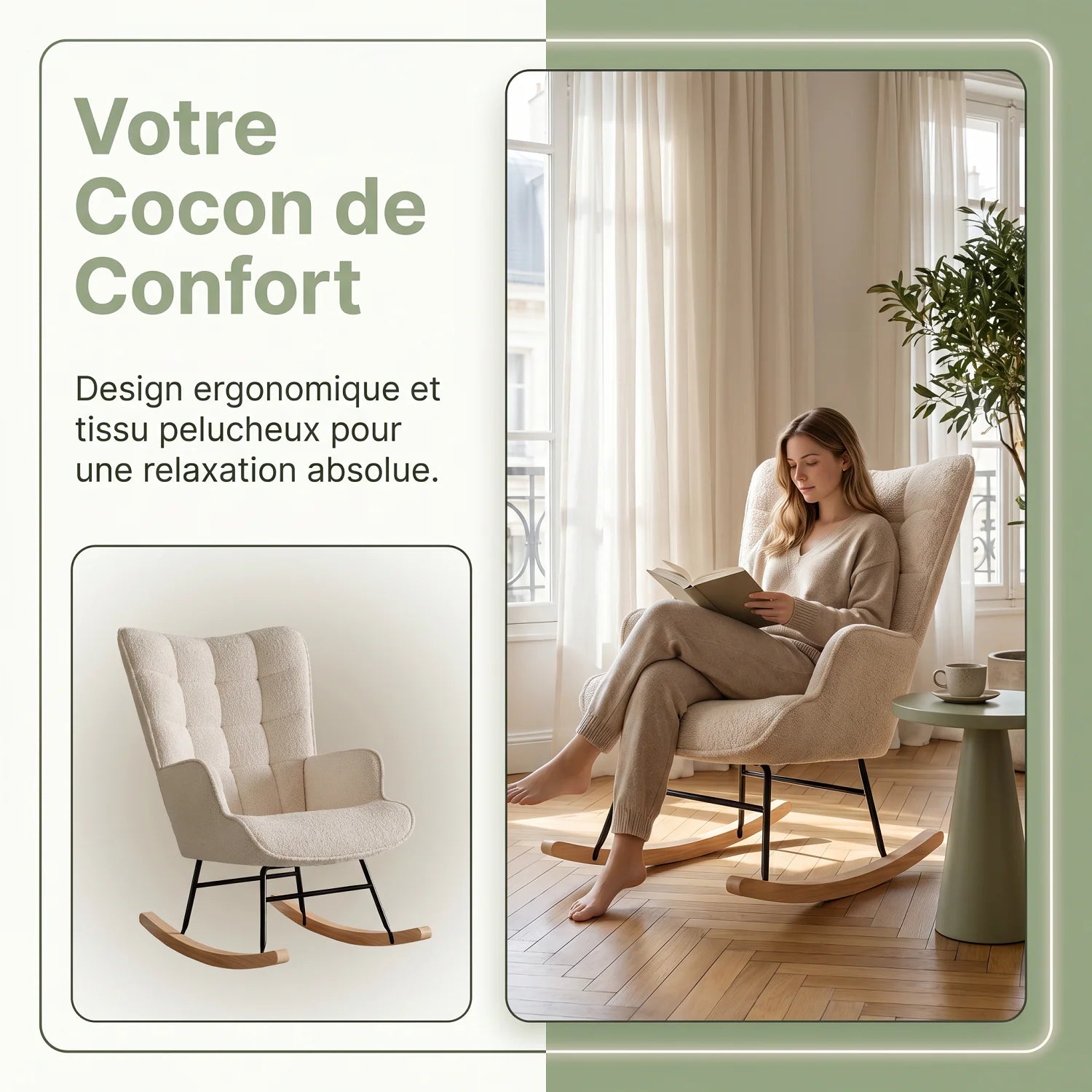 Rocking Chair Teddy Fleece Carreaux — Fauteuil à Bascule Cocooning Balcon & Salon