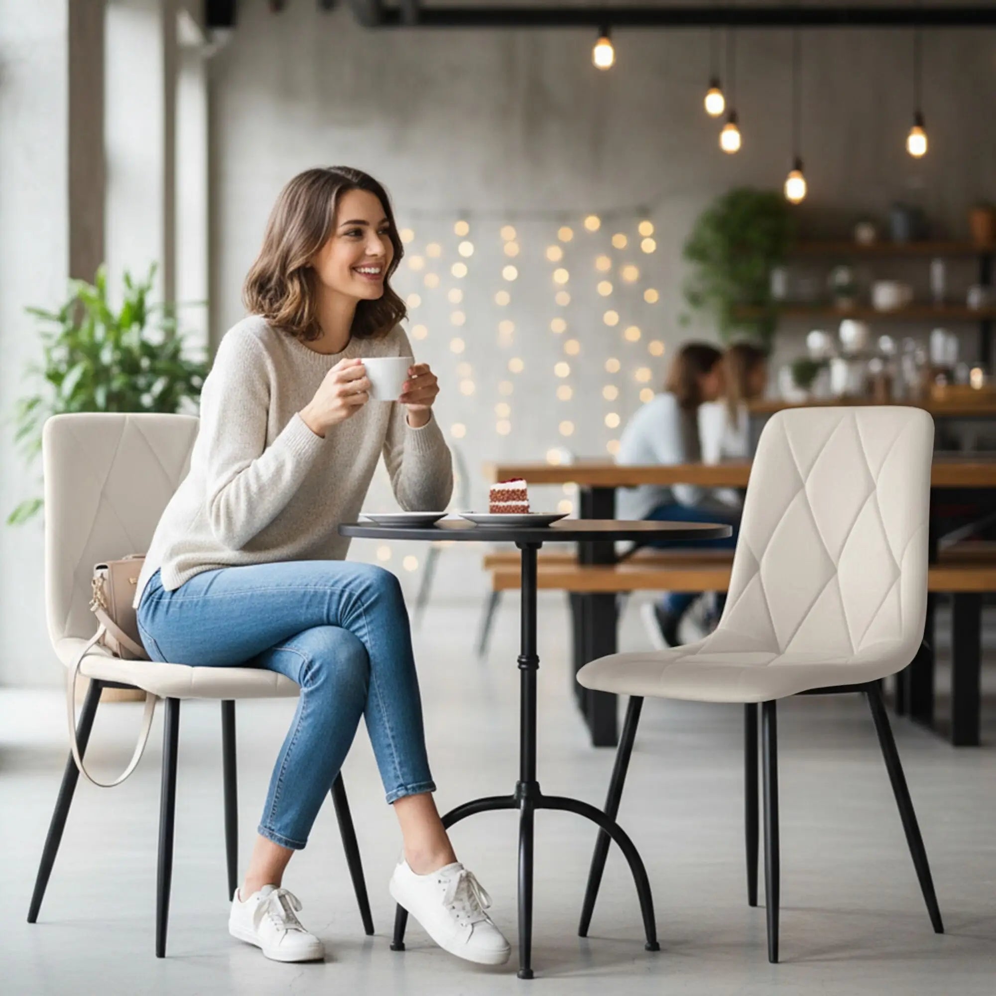 Chaises Matelassées Velours Beige Pieds Noirs — Set de 4 pour Salle à Manger