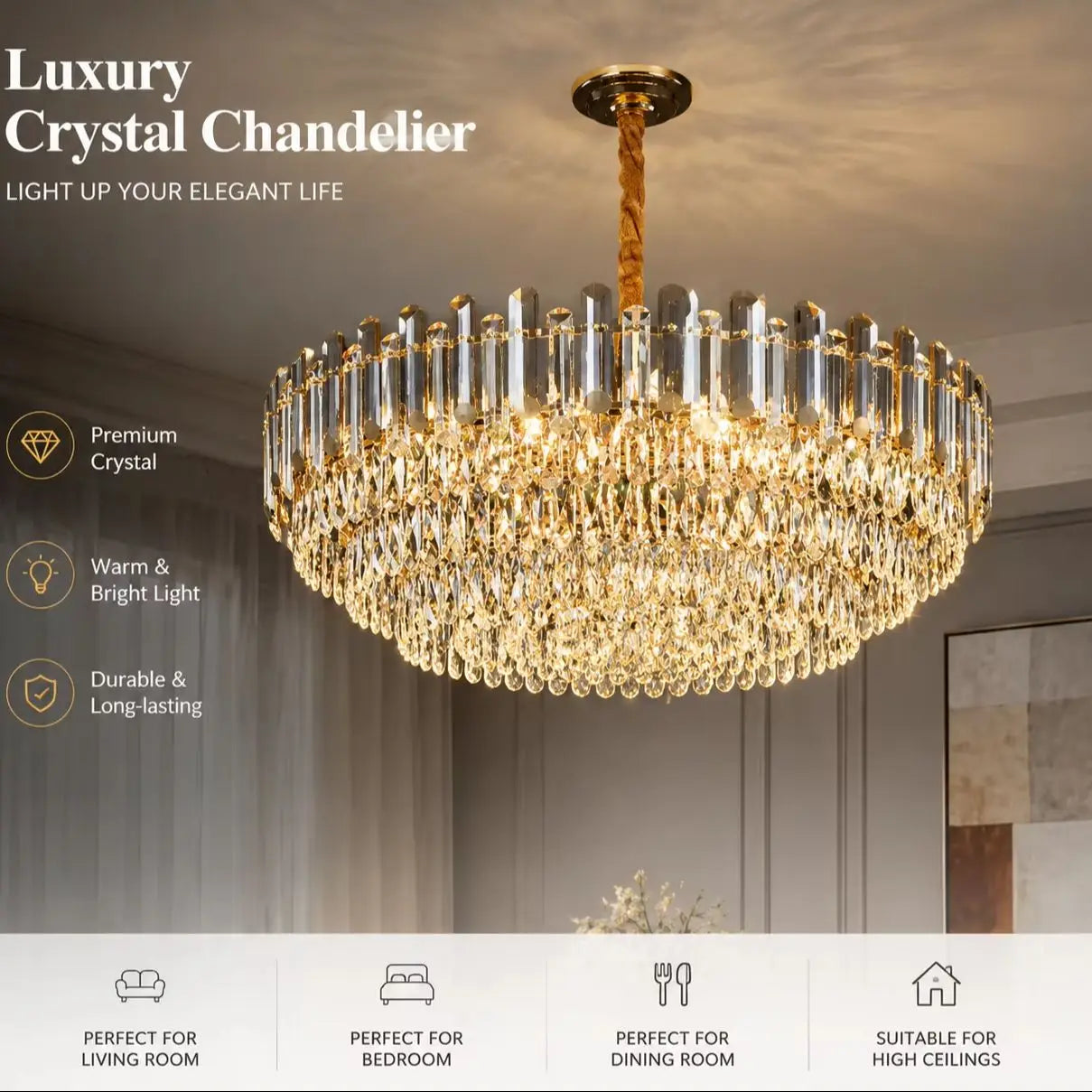 Lustre Cristal K9 Luxe Doré LED — Salon, Chambre & Villa