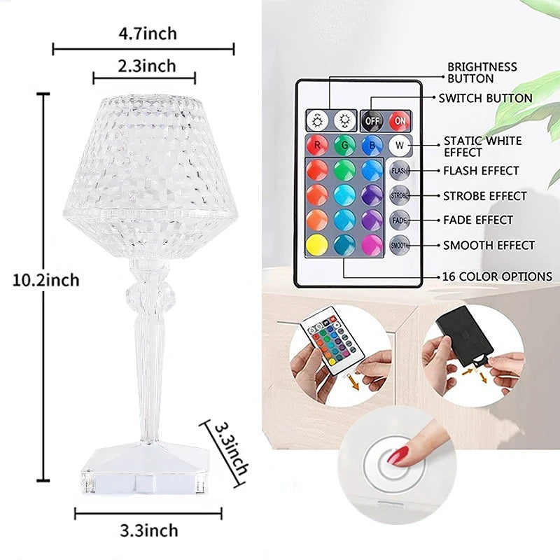 Lampe de Table LED Diamant Tactile USB — Veilleuse Cristal 3D Rechargeable