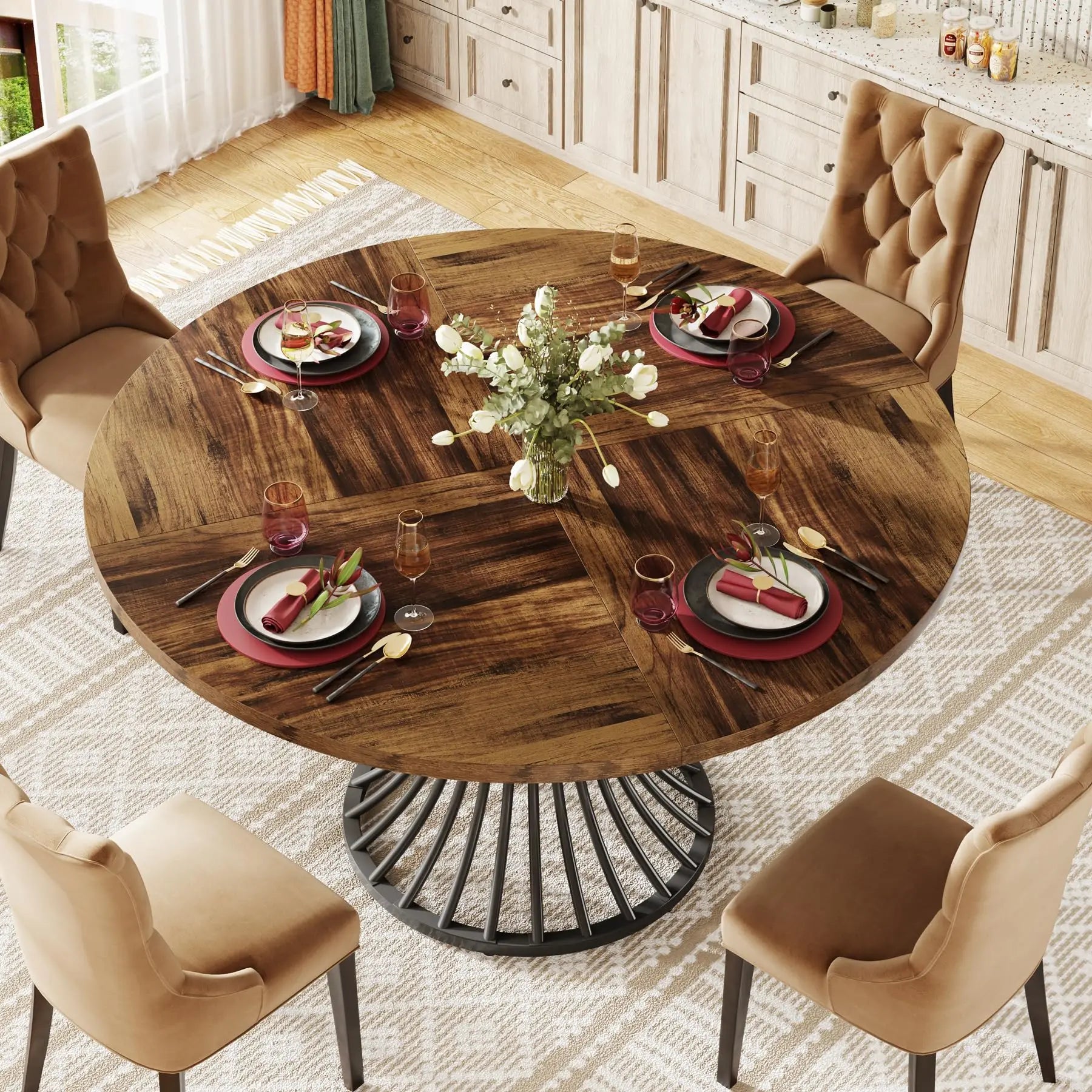 Table Ronde Style Ferme 120cm — Charme Rustique Salle à Manger 4-6 Personnes