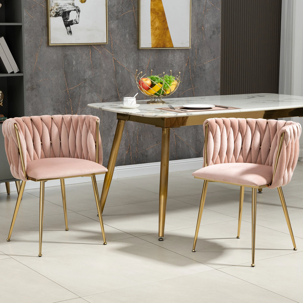 Chaises Velours Pieds Dorés Tressés — Set de 2 pour Salle à Manger & Salon