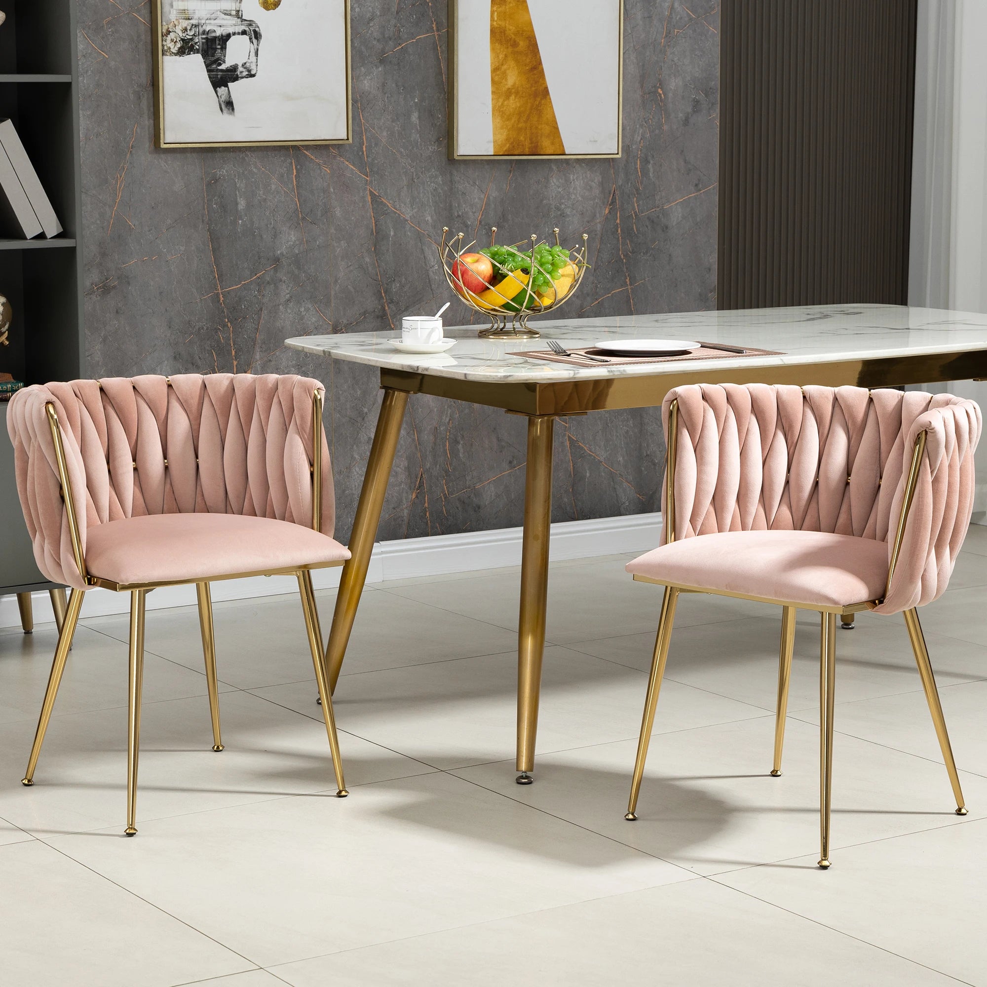 Chaises Velours Pieds Dorés Tressés — Set de 2 pour Salle à Manger & Salon
