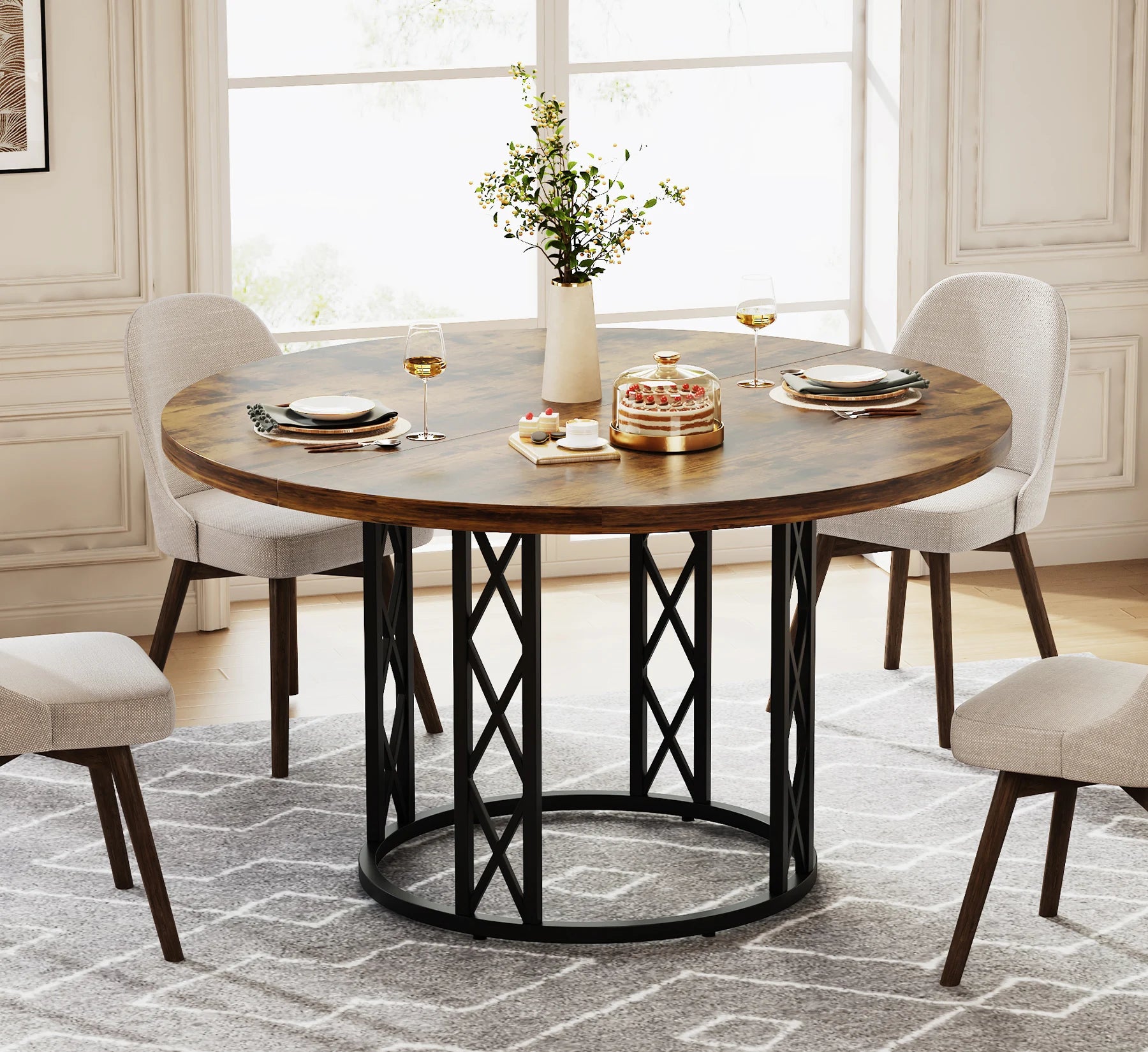 Table Ronde Style Ferme 120cm — Charme Rustique Salle à Manger 4-6 Personnes