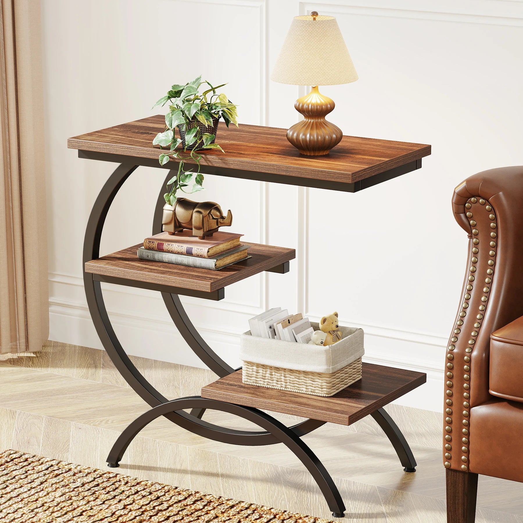 Table d'Appoint en C Industrielle — 3 Niveaux Bois & Métal Canapé