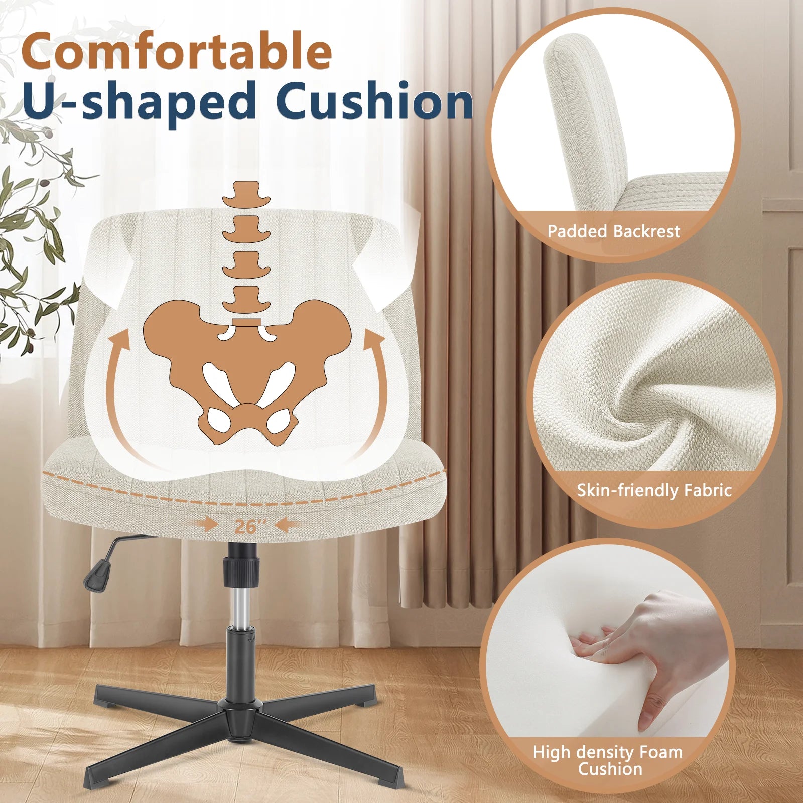 Chaise de bureau tissu sans accoudoirs, design coiffeuse
