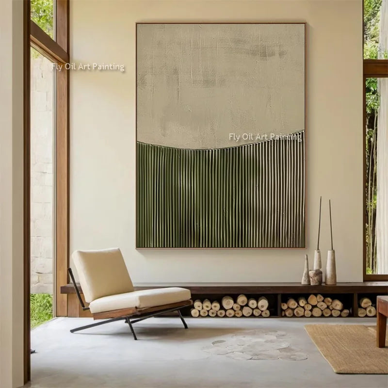 Tableau Abstrait Beige & Vert — Peinture Huile Texturée Originale