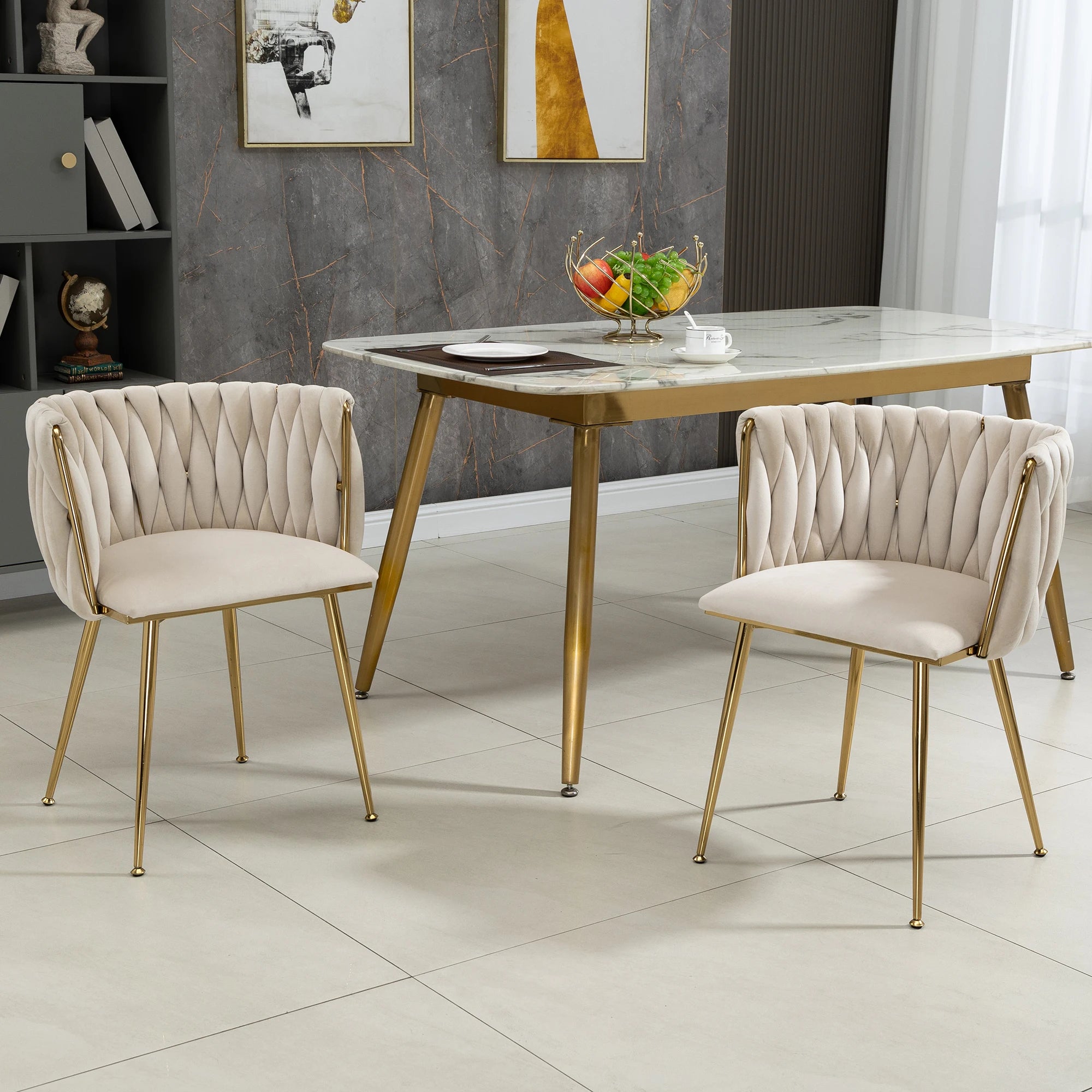 Chaises Velours Pieds Dorés Tressés — Set de 2 pour Salle à Manger & Salon