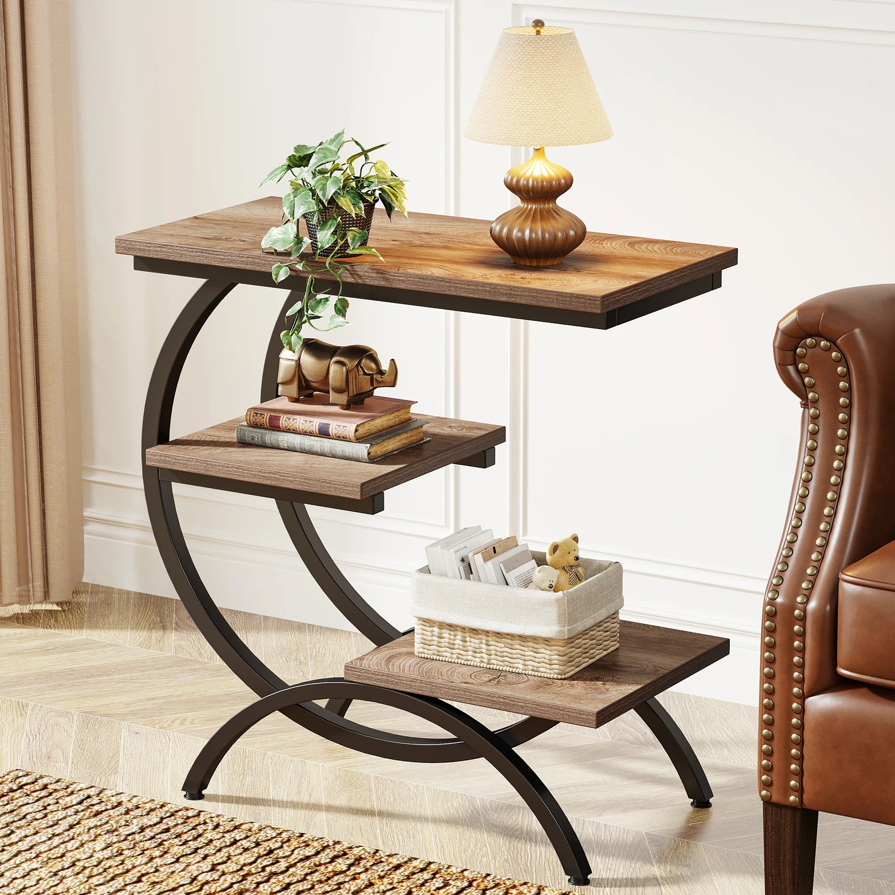 Table d'Appoint en C Industrielle — 3 Niveaux Bois & Métal Canapé
