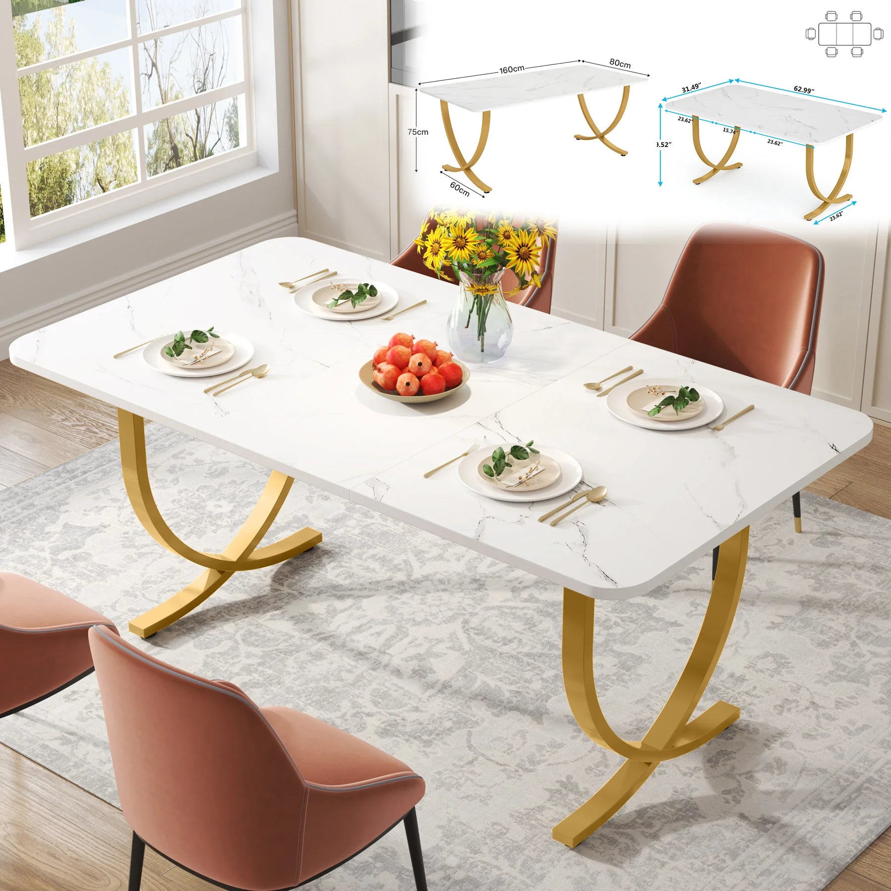 Table À Manger Rectangulaire Marbre Blanc 160cm — Élégance 4-6 Personnes