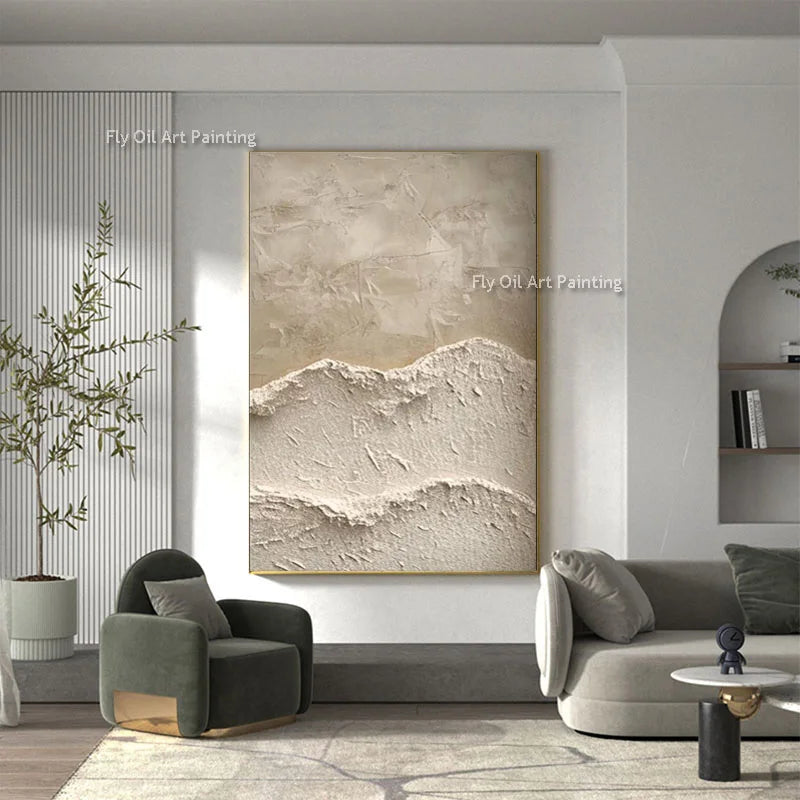 Tableau Abstrait Beige & Vert — Peinture Huile Texturée Originale