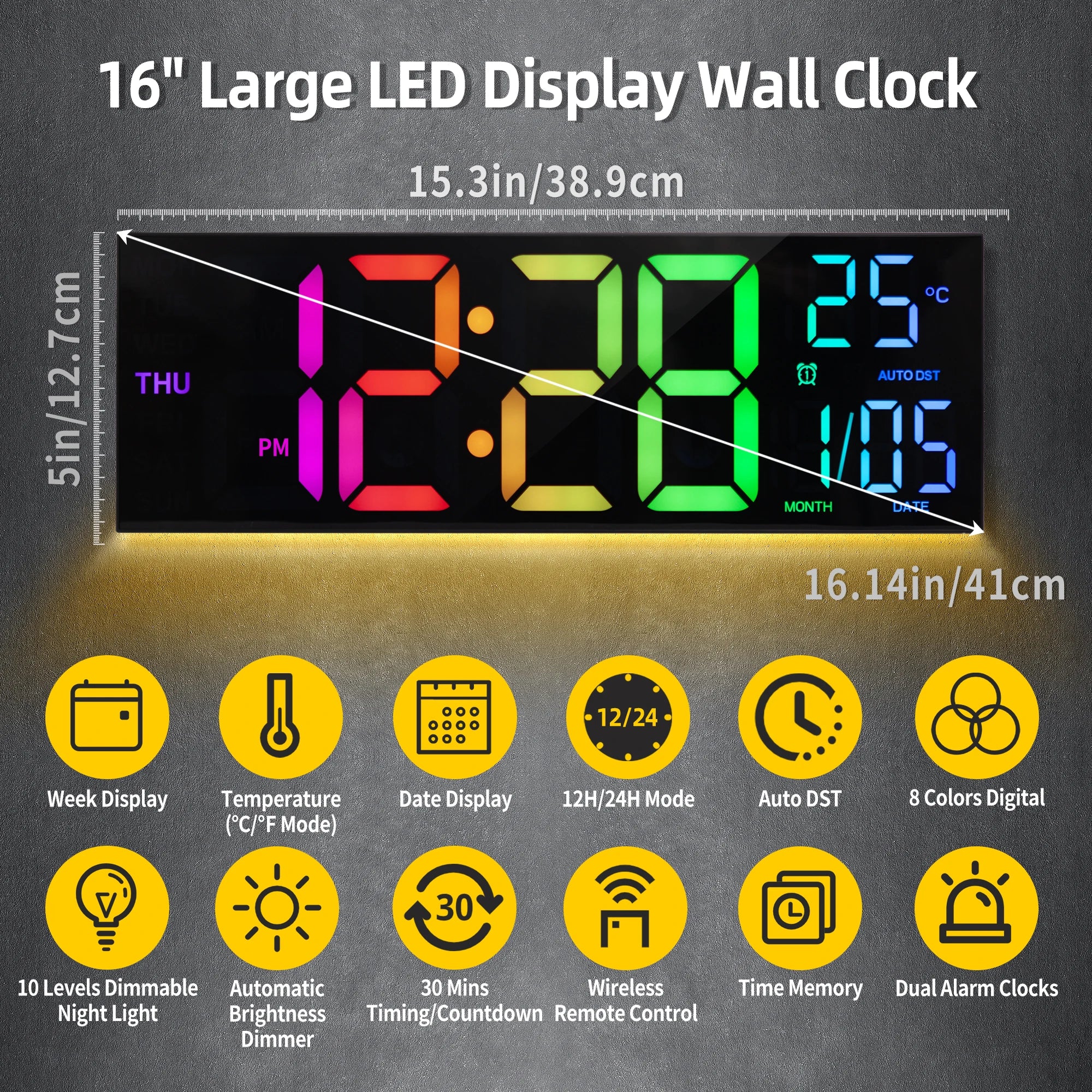 Horloge Murale Numérique LED 40cm — Affichage RGB 9 Couleurs Télécommande
