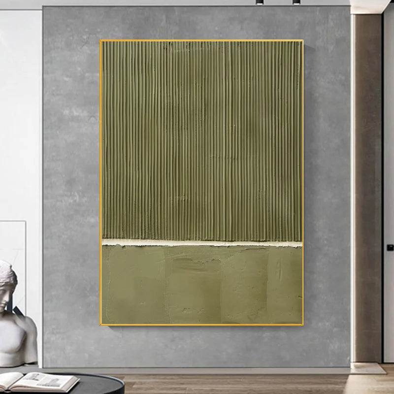 Tableau Abstrait Beige & Vert — Peinture Huile Texturée Originale