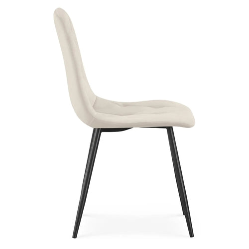Chaise matelassée velours beige, détail piqûres et pieds noirs