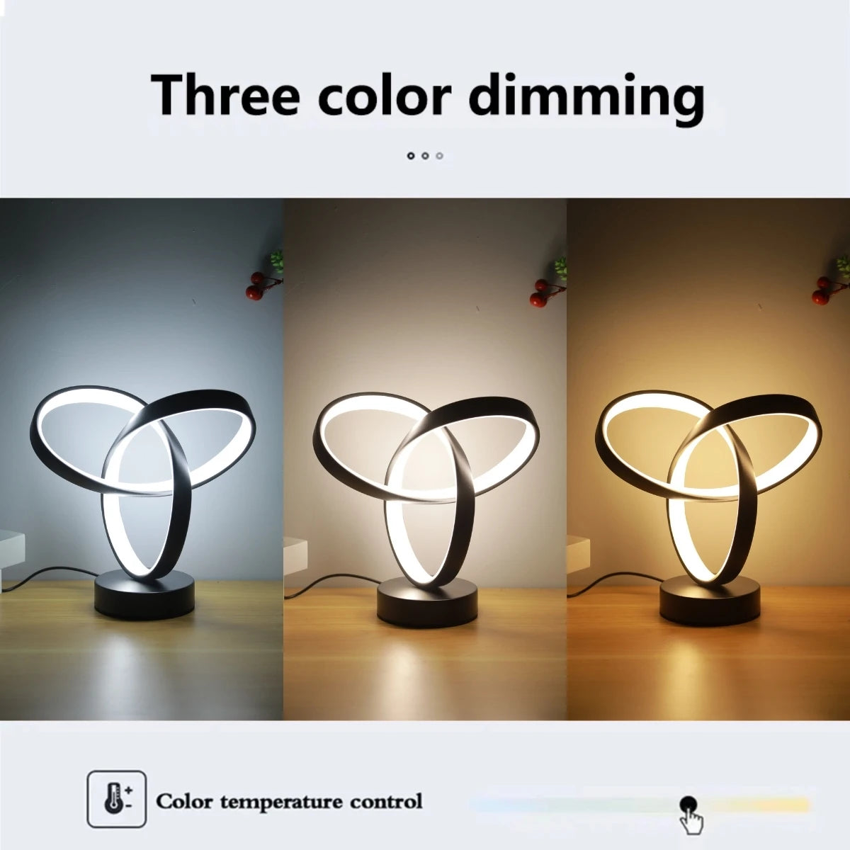 Lampe de bureau USB, détail des 3 couleurs de lumière