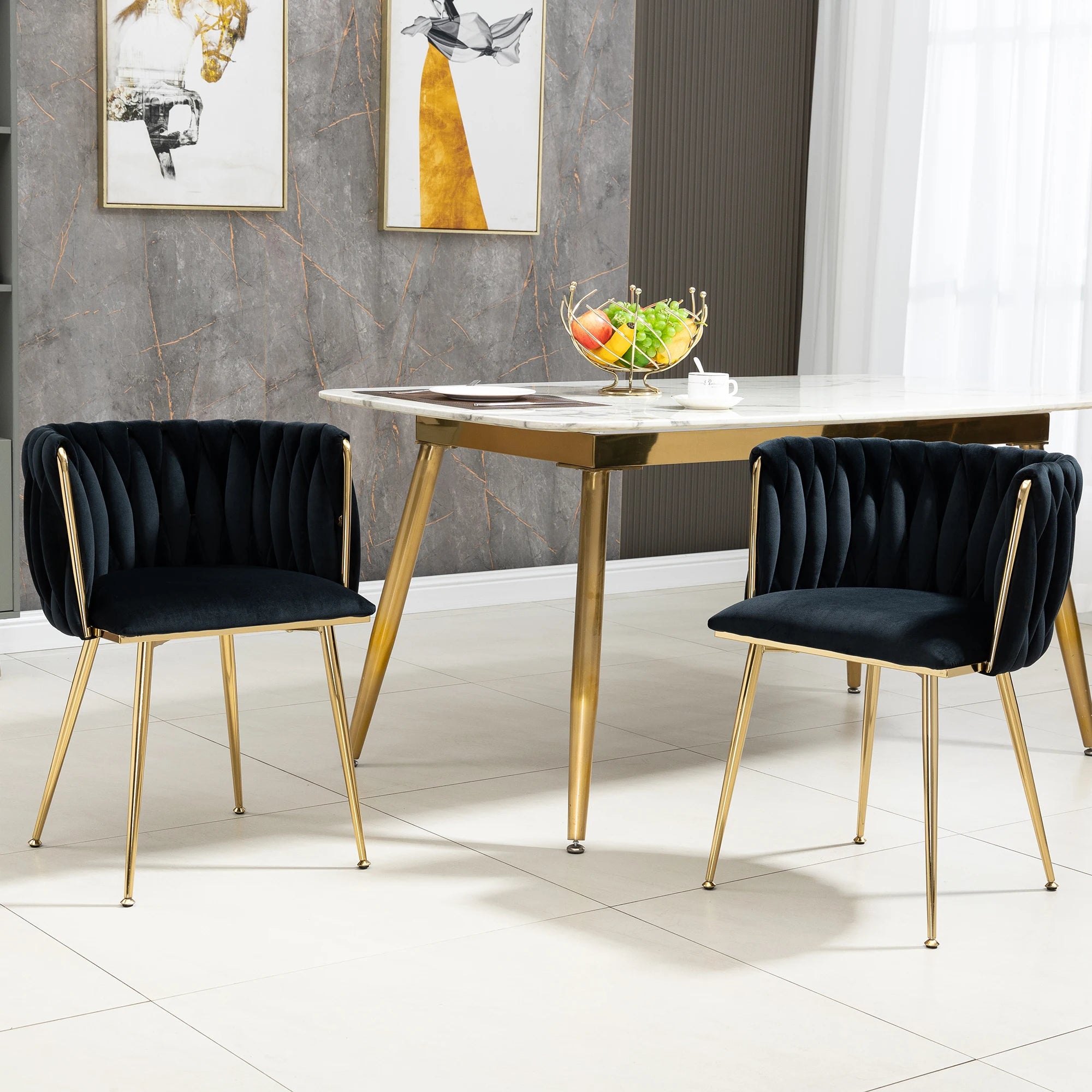 Chaises Velours Pieds Dorés Tressés — Set de 2 pour Salle à Manger & Salon