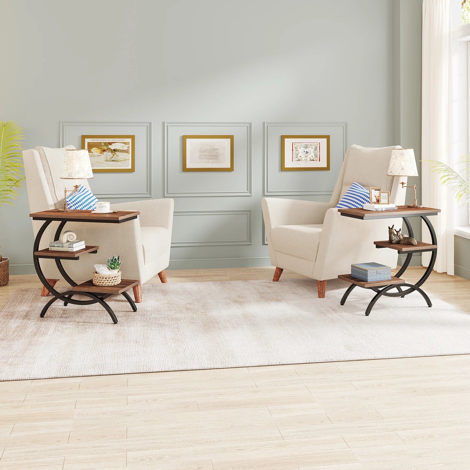 Table d'Appoint en C Industrielle — 3 Niveaux Bois & Métal Canapé