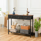 Console d'entrée étroite, détail tiroirs et étagère basse