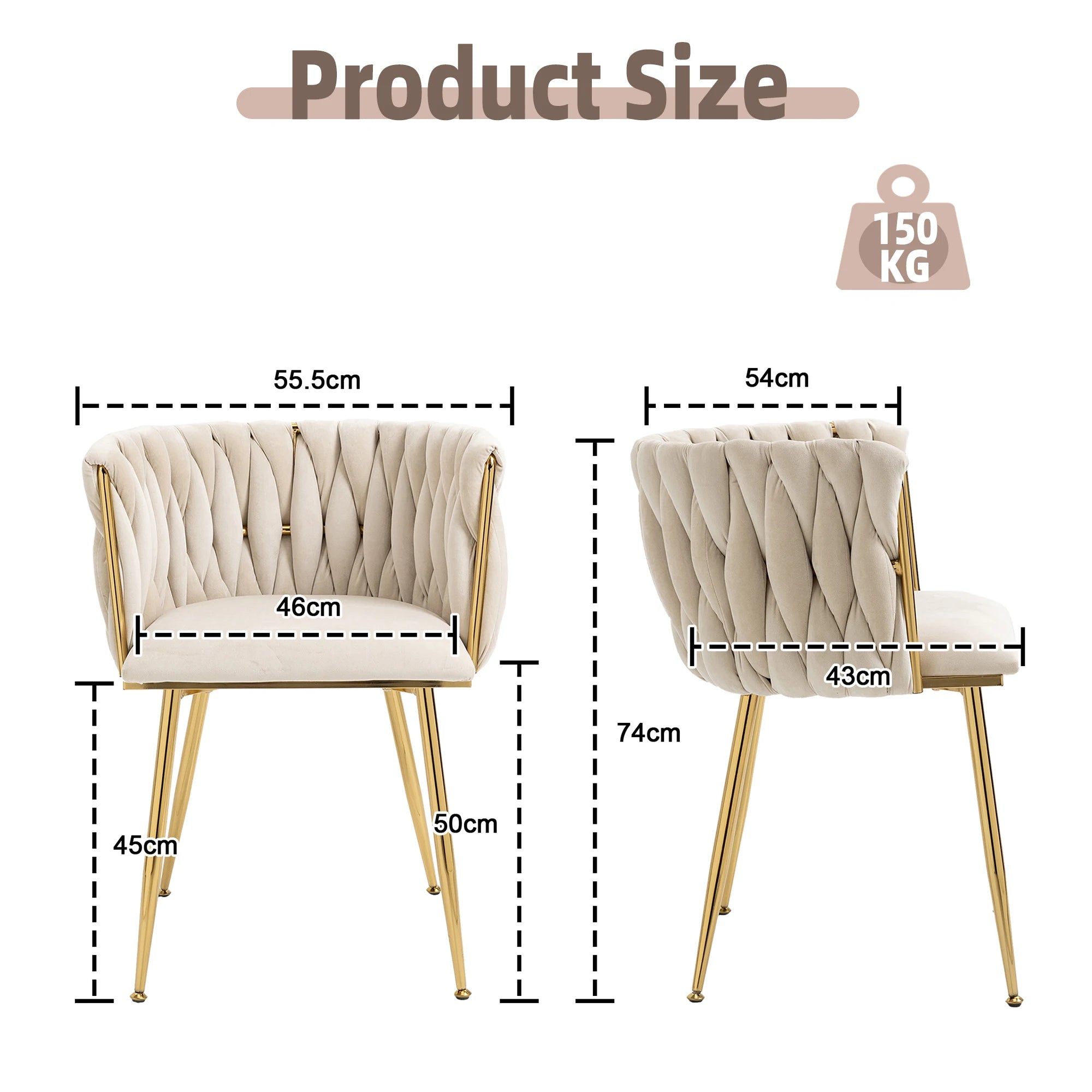 Chaises Velours Pieds Dorés Tressés — Set de 2 pour Salle à Manger & Salon
