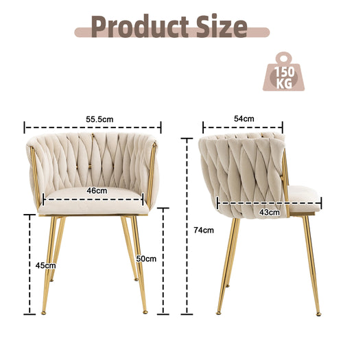 Chaises Velours Pieds Dorés Tressés — Set de 2 pour Salle à Manger & Salon