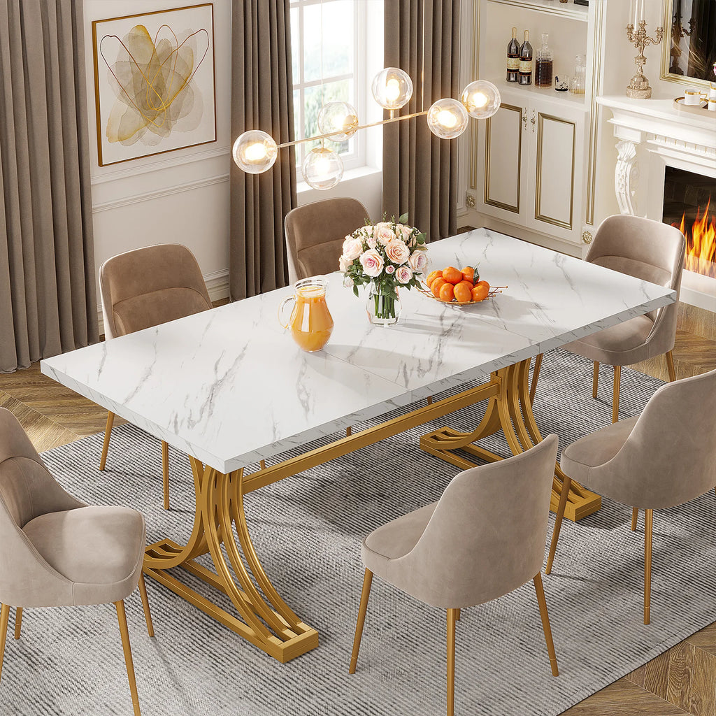 Table À Manger Rectangulaire Marbre Blanc 160cm — Élégance 4-6 Personnes