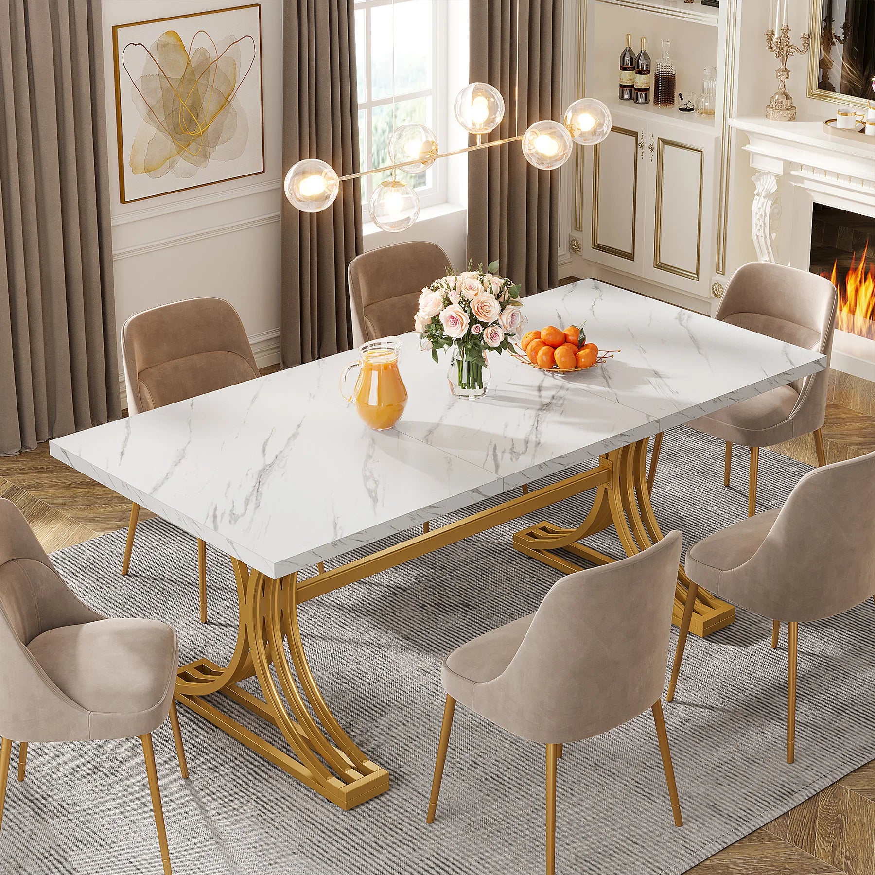 Table À Manger Rectangulaire Marbre Blanc 160cm — Élégance 4-6 Personnes