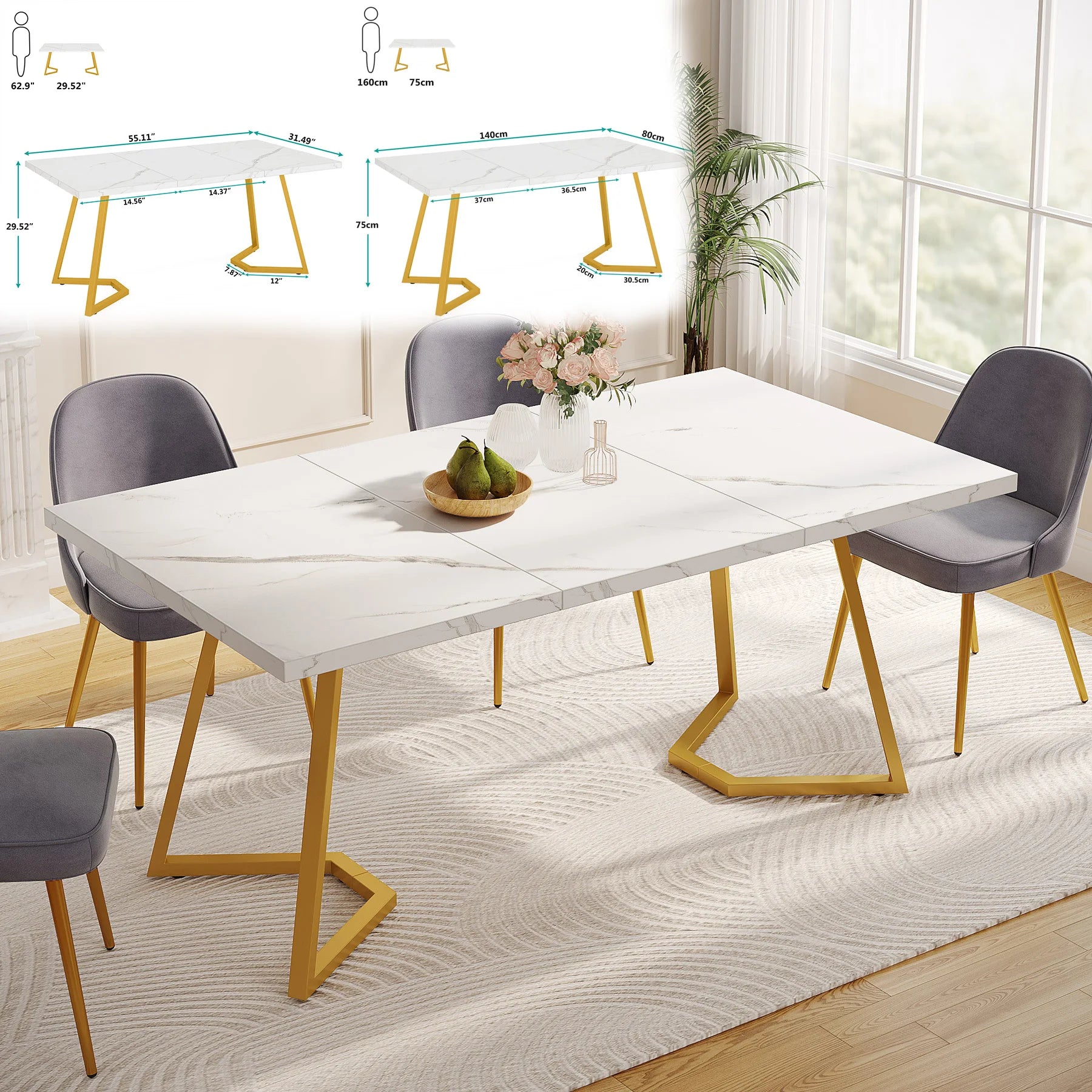 Table À Manger Rectangulaire Marbre Blanc 160cm — Élégance 4-6 Personnes