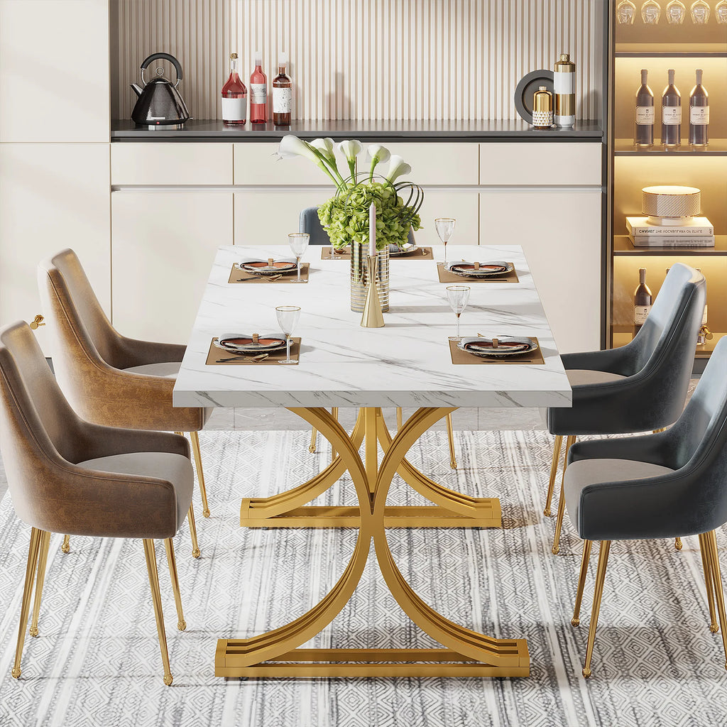 Table À Manger Rectangulaire Marbre Blanc 160cm — Élégance 4-6 Personnes