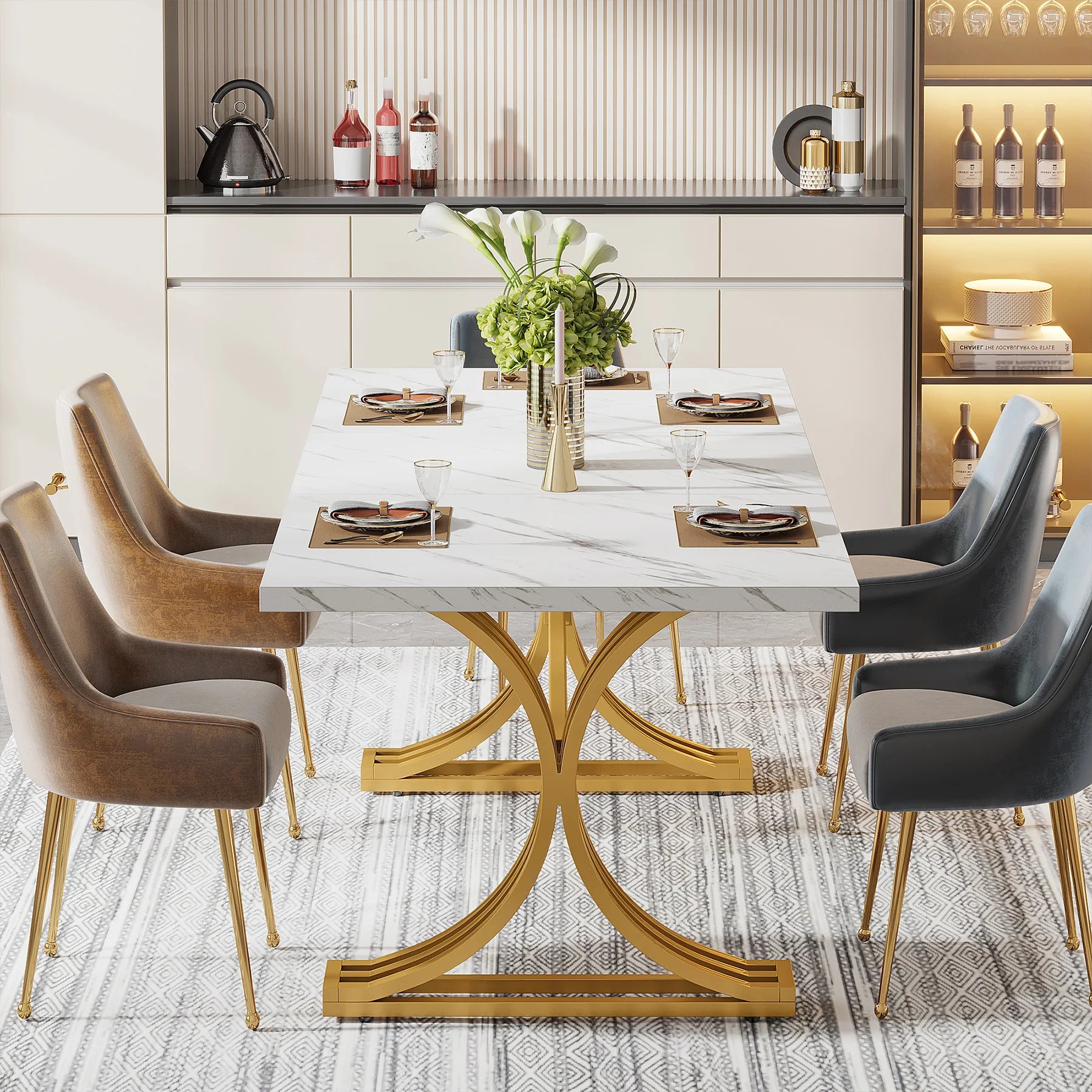 Table À Manger Rectangulaire Marbre Blanc 160cm — Élégance 4-6 Personnes