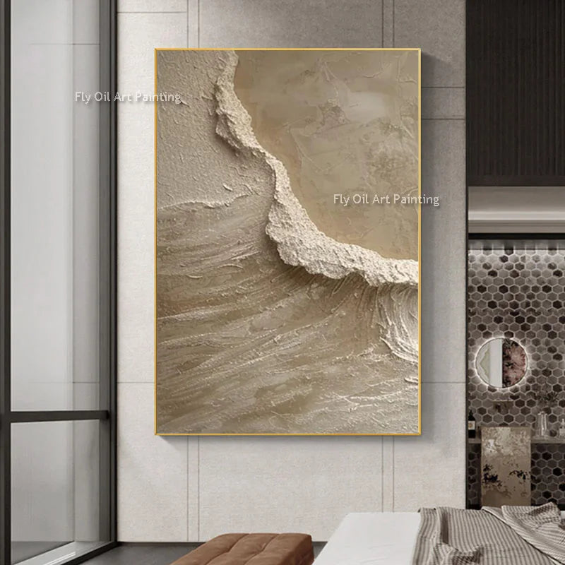 Tableau Abstrait Beige & Vert — Peinture Huile Texturée Originale