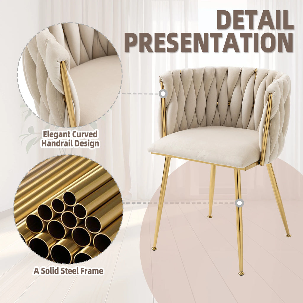 Chaises Velours Pieds Dorés Tressés — Set de 2 pour Salle à Manger & Salon