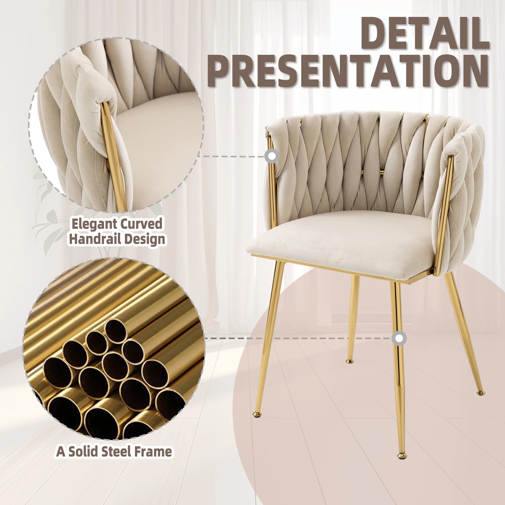 Chaises Velours Pieds Dorés Tressés — Set de 2 pour Salle à Manger & Salon