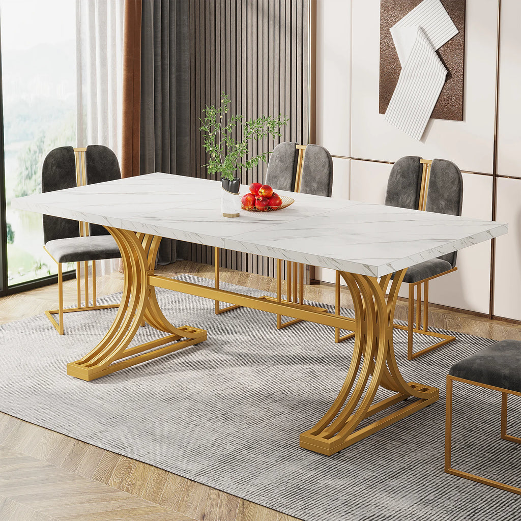 Table À Manger Rectangulaire Marbre Blanc 160cm — Élégance 4-6 Personnes