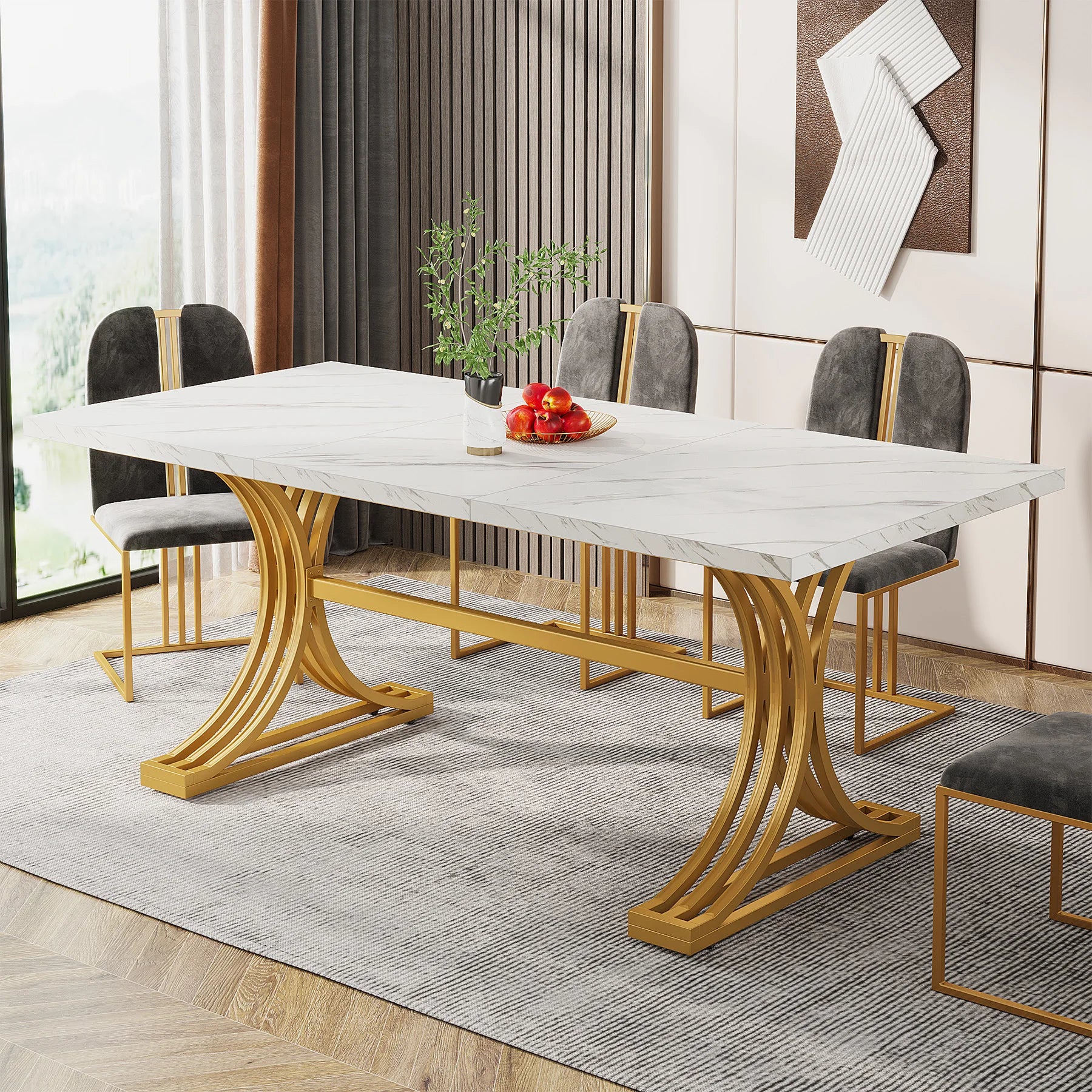 Table À Manger Rectangulaire Marbre Blanc 160cm — Élégance 4-6 Personnes