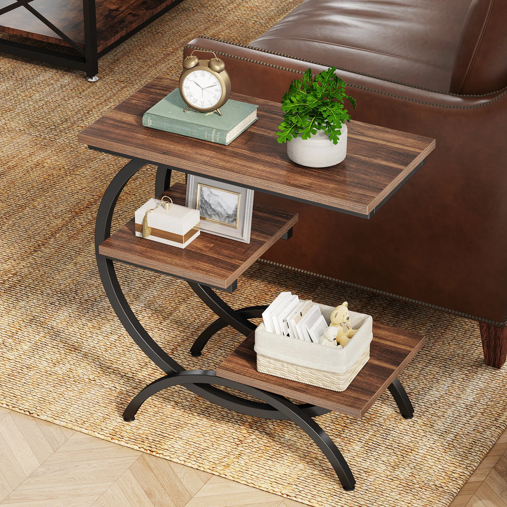 Table d'Appoint en C Industrielle — 3 Niveaux Bois & Métal Canapé