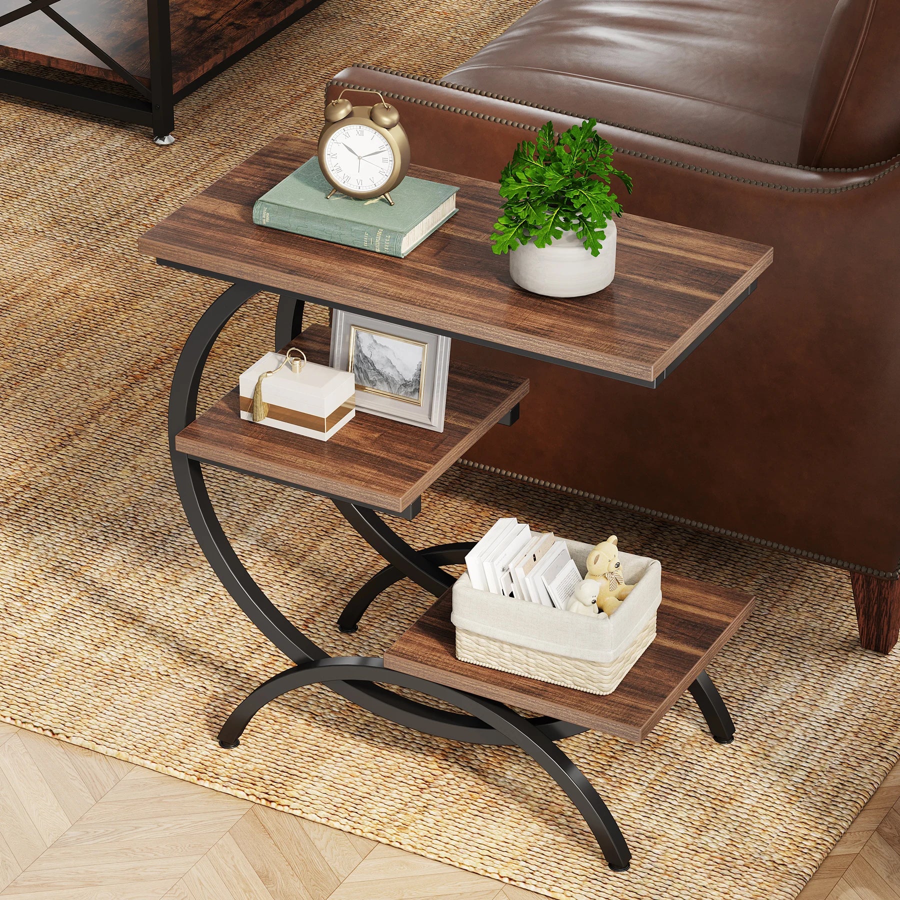 Table d'Appoint en C Industrielle — 3 Niveaux Bois & Métal Canapé