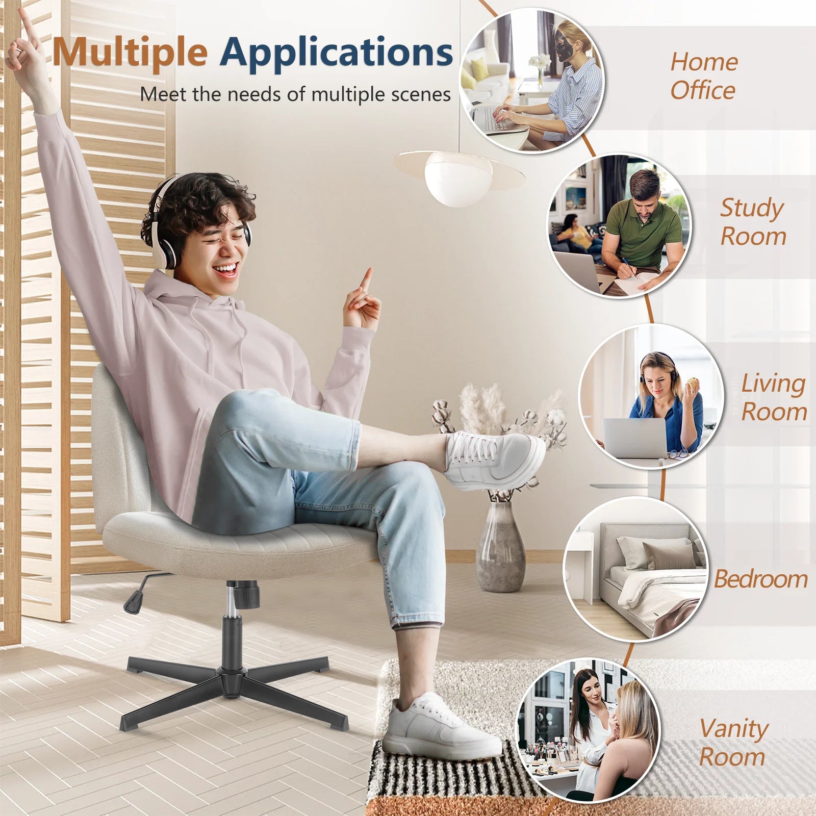 Chaise de Bureau Pivotante Tissu — Confort Gaming, Télétravail & Coiffeuse