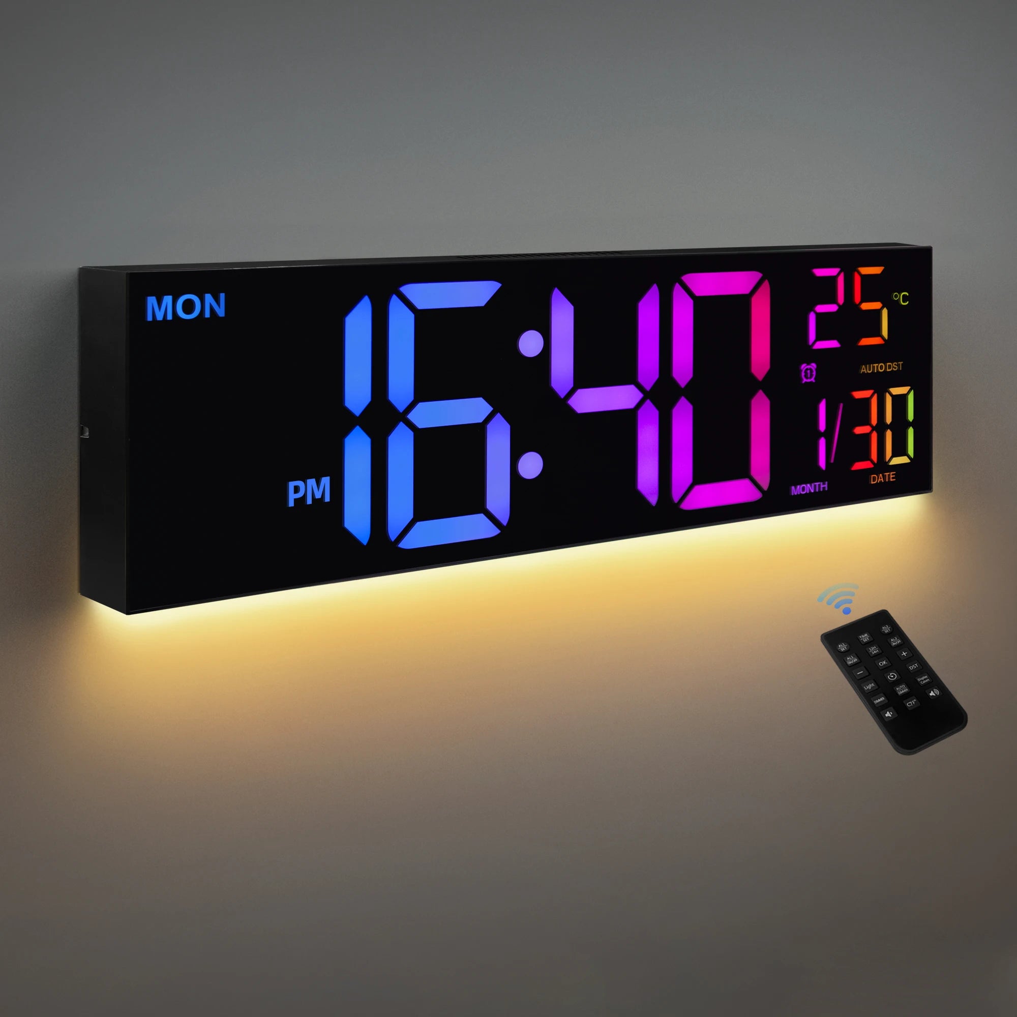 Horloge Murale Numérique LED 40cm — Affichage RGB 9 Couleurs Télécommande
