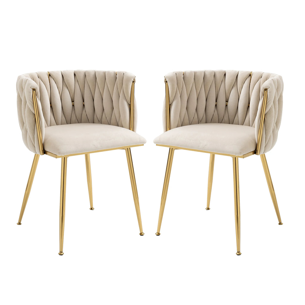 Chaises Velours Pieds Dorés Tressés — Set de 2 pour Salle à Manger & Salon