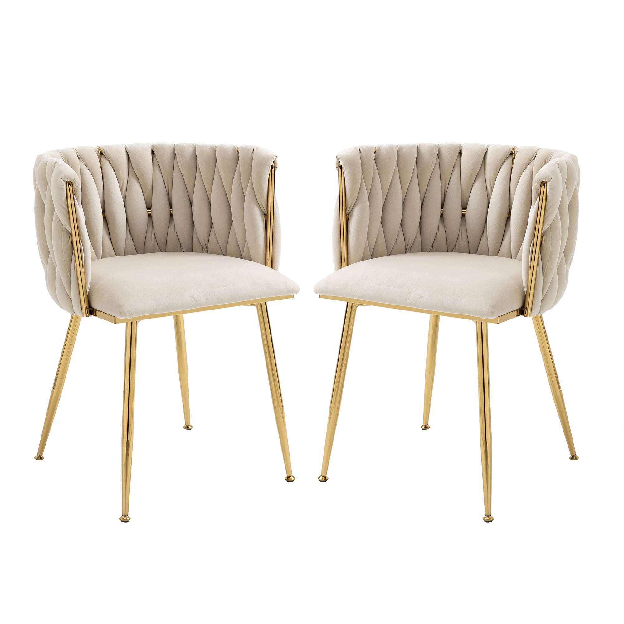 Chaises Velours Pieds Dorés Tressés — Set de 2 pour Salle à Manger & Salon