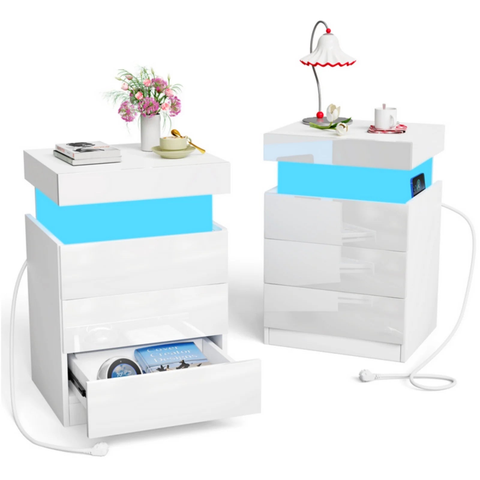 Table de Chevet Station de Charge — 3 Tiroirs Rangement Chambre