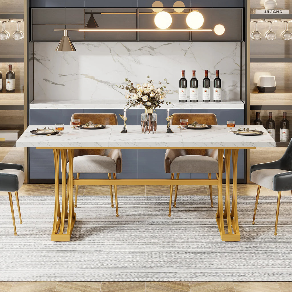 Table À Manger Rectangulaire Marbre Blanc 160cm — Élégance 4-6 Personnes