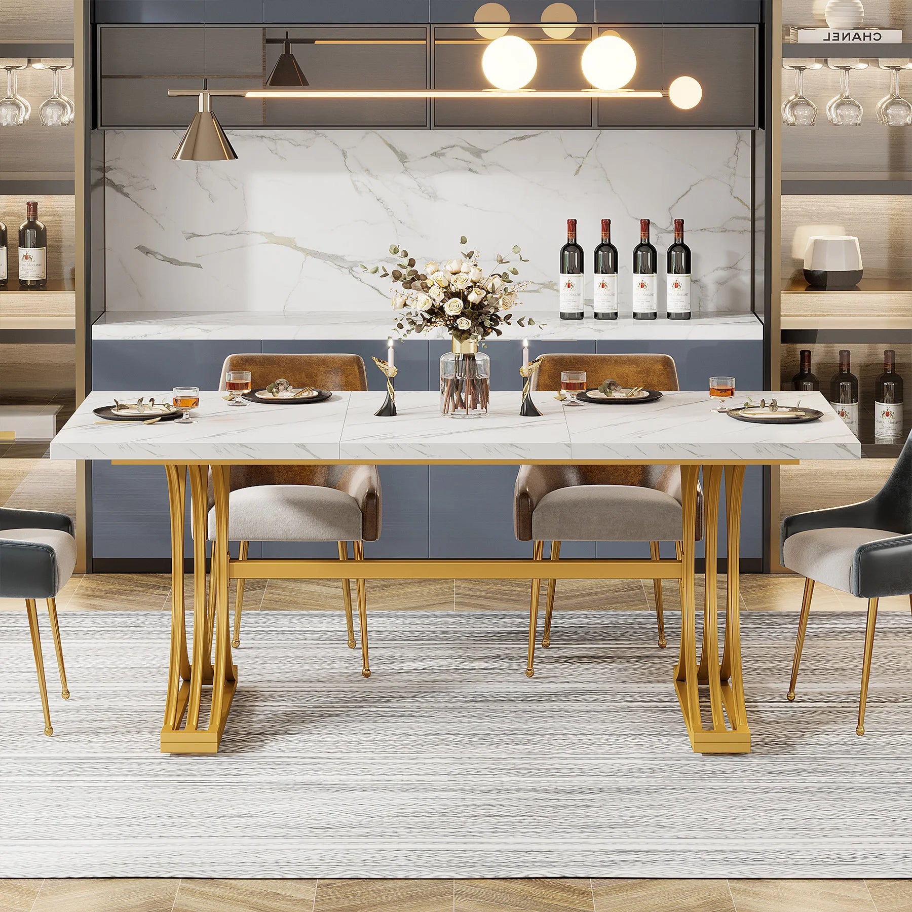 Table À Manger Rectangulaire Marbre Blanc 160cm — Élégance 4-6 Personnes