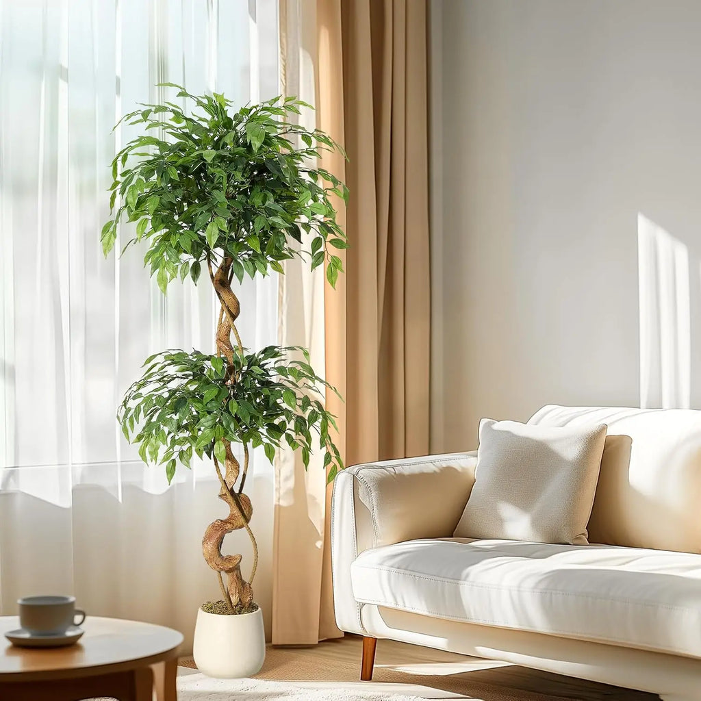 Ficus artificiel troncs courbés en pot blanc, vue principale
