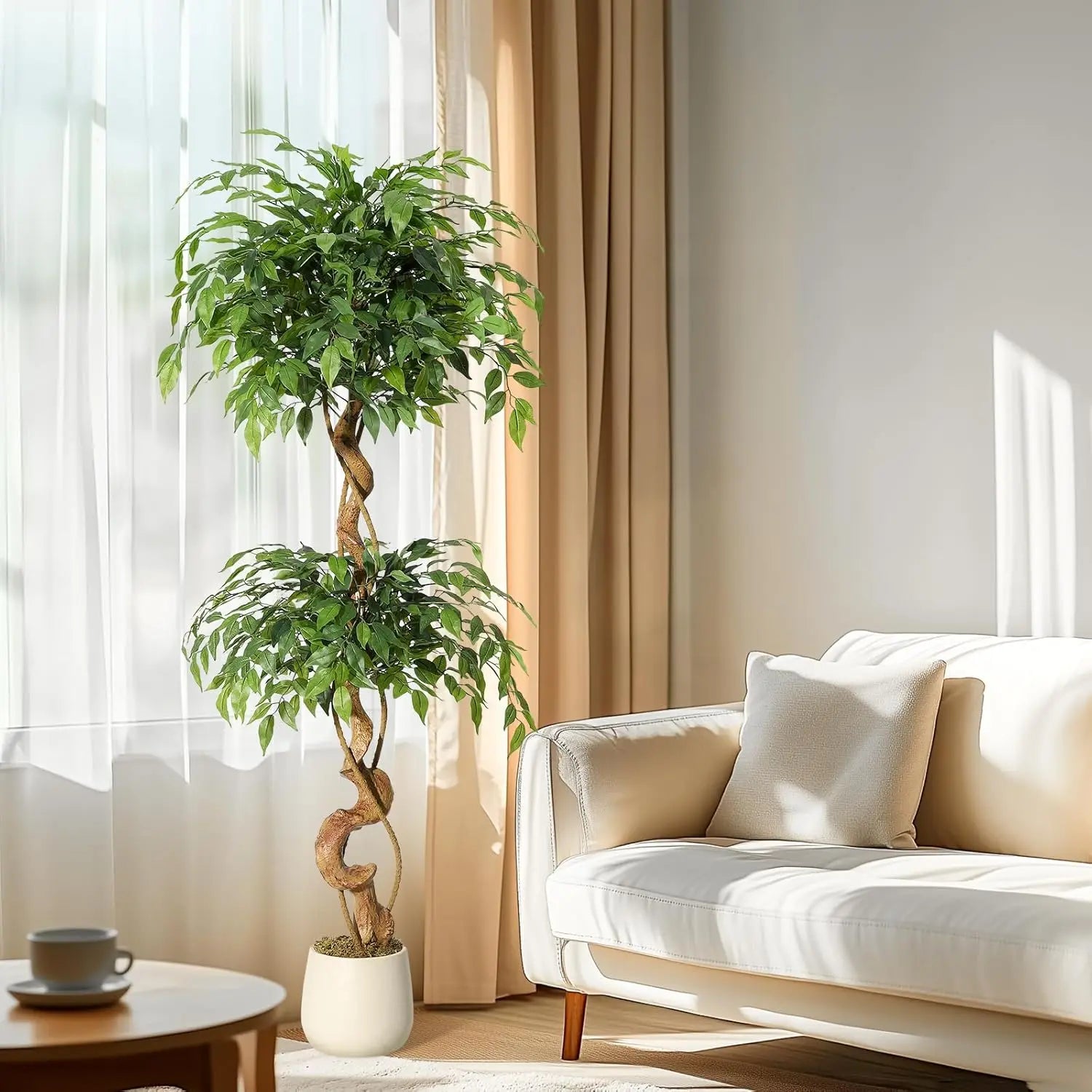 Ficus artificiel troncs courbés en pot blanc, vue principale