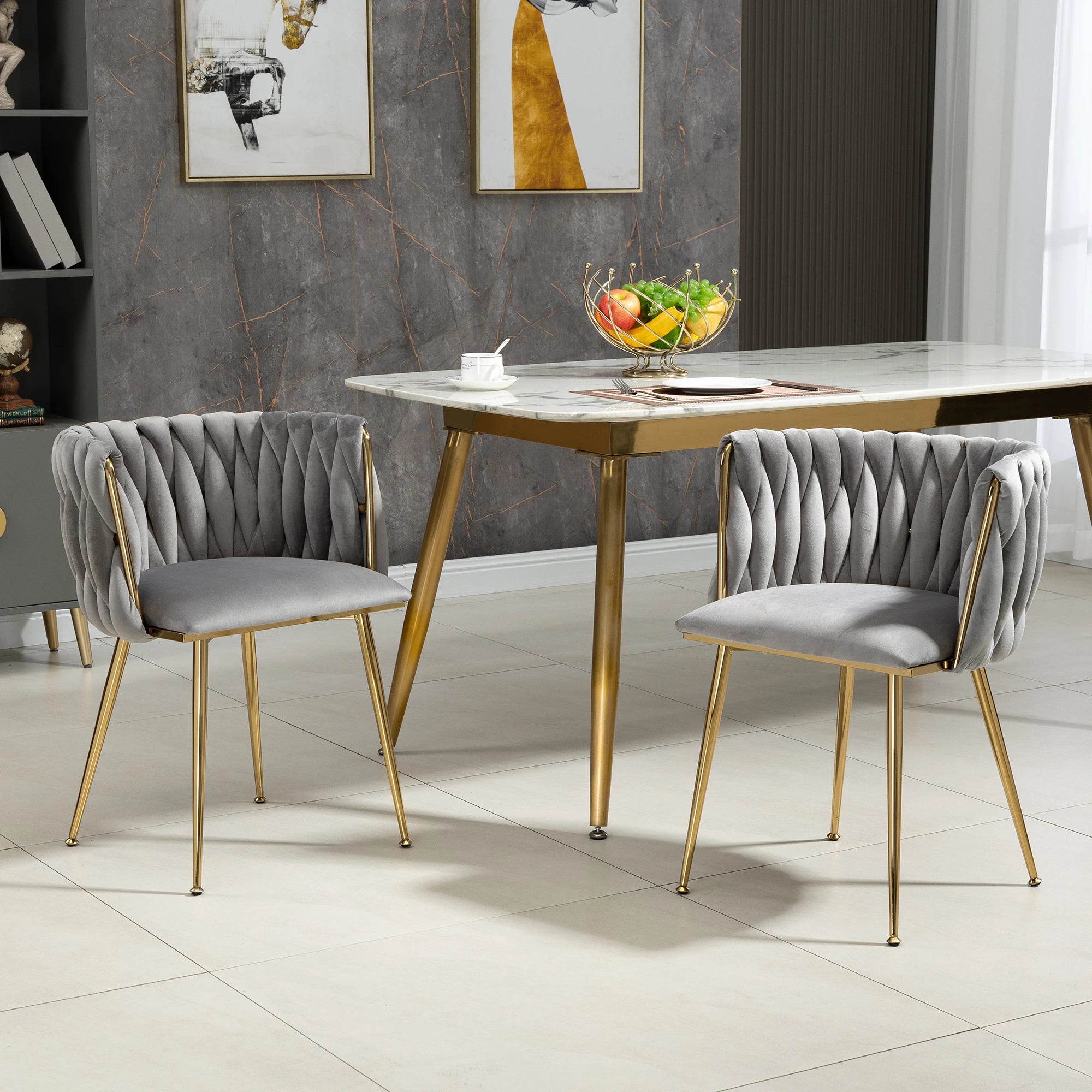 Chaises Velours Pieds Dorés Tressés — Set de 2 pour Salle à Manger & Salon