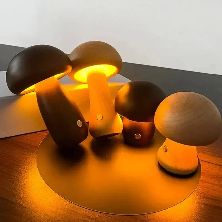 Lampe Champignon Rechargeable Tactile — Veilleuse LED Dimmable Bois