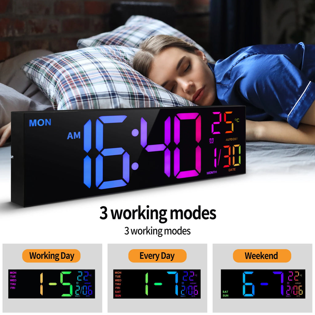 Horloge Murale Numérique LED 40cm — Affichage RGB 9 Couleurs Télécommande