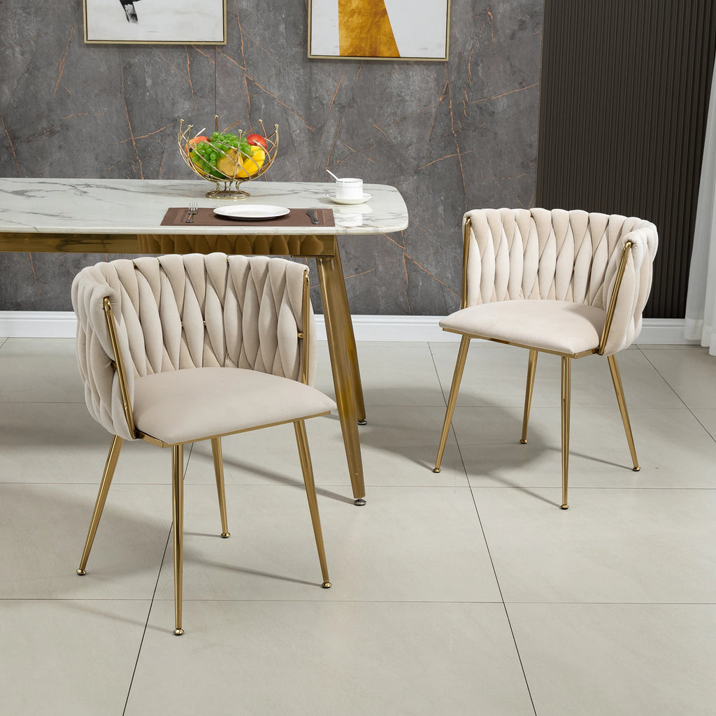 Chaises Velours Pieds Dorés Tressés — Set de 2 pour Salle à Manger & Salon